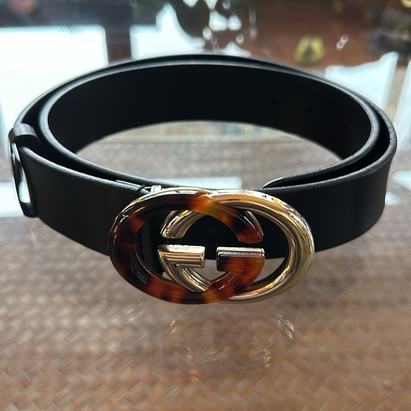 Gucci Black and Gold Belt with Signature Double G Buckle - Picture 1 of 7
